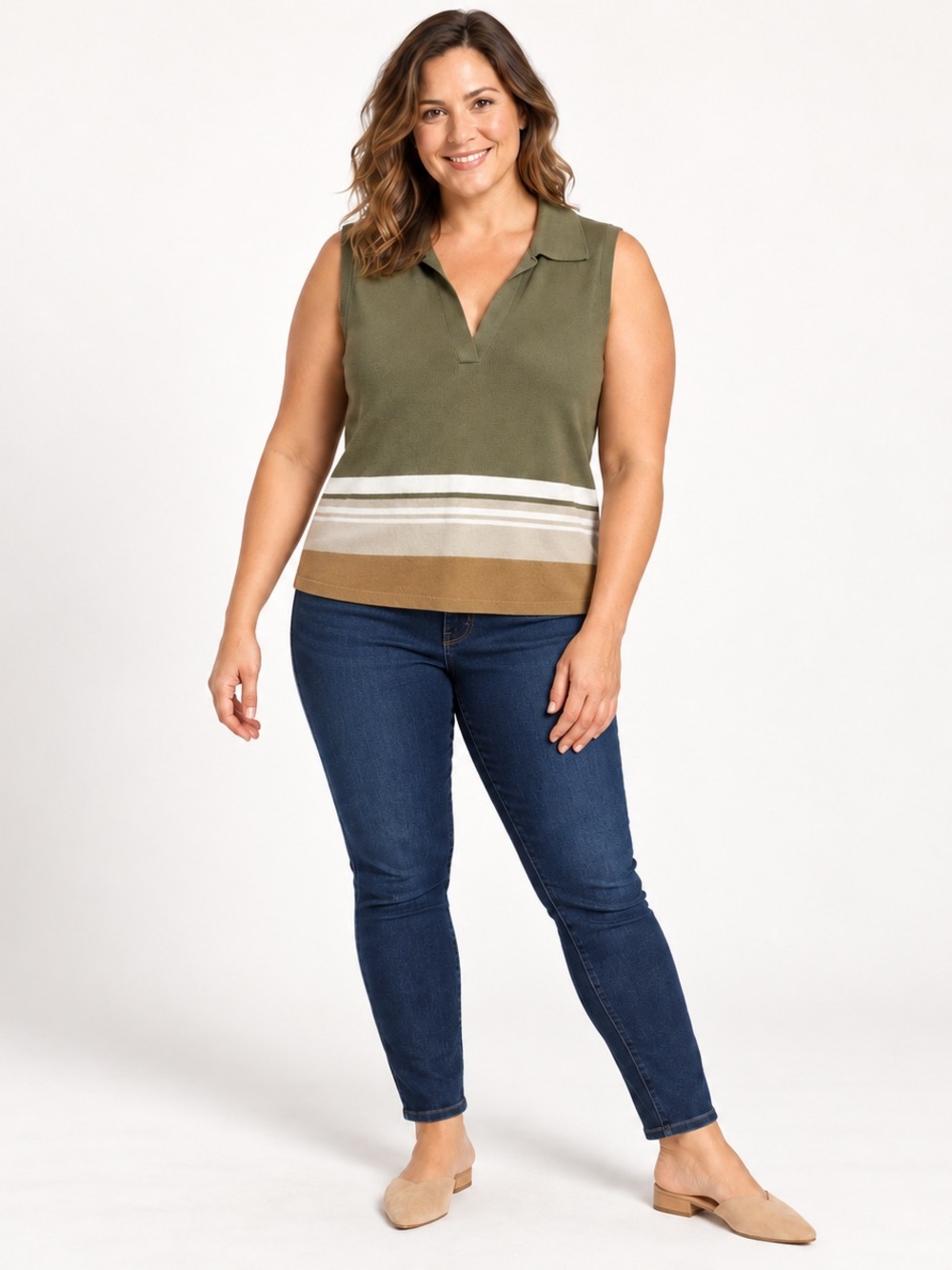 The Limited Olive Sleeveless Polo Tank with Neutral Stripe Hem